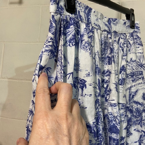 Joie Women Midi Skirt Blue White Floral 100% Linen Elastic Back Pull on Tropical - Picture 4 of 6
